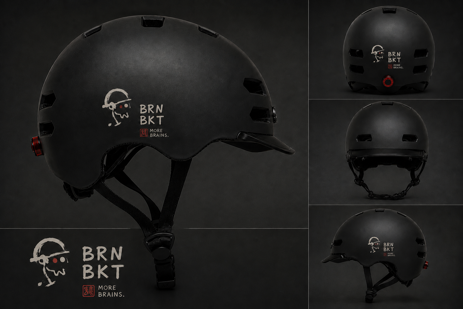 Detail views of the matte black BRN BKT e-bike helmet